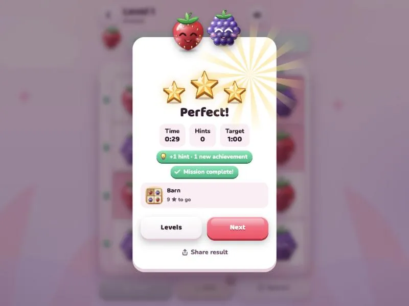 Fresi & Mori Perfect result screen with three stars, time 0:29, 0 hints and a 1:00 target
