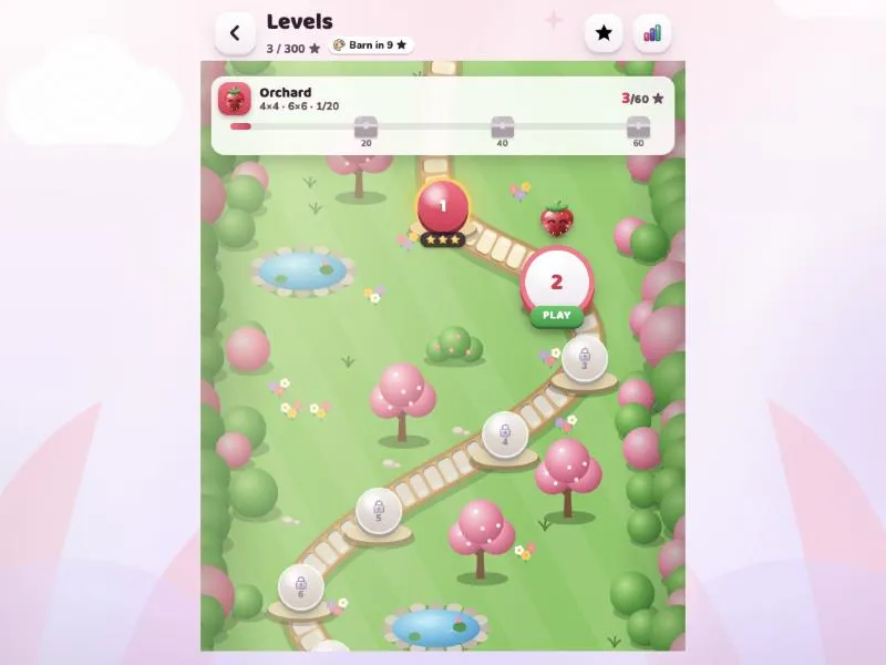 Fresi & Mori level map for the Orchard world showing 3 of 300 stars, 4x4 and 6x6 boards and 20 levels