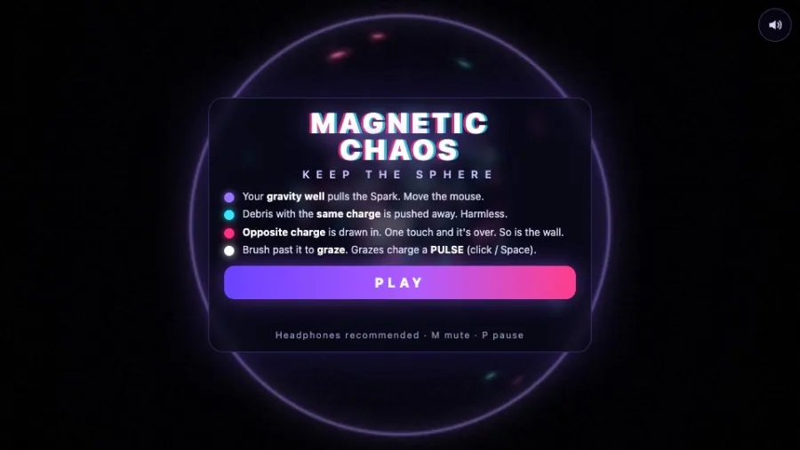 Magnetic Chaos: Keep the Sphere running in the browser, screen 1 captured by FreshPlay on October 27, 2026
