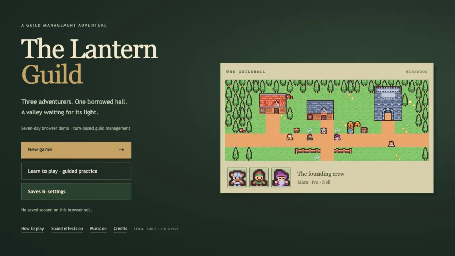 The Lantern Guild running in the browser, screen 2 captured by FreshPlay on October 26, 2026